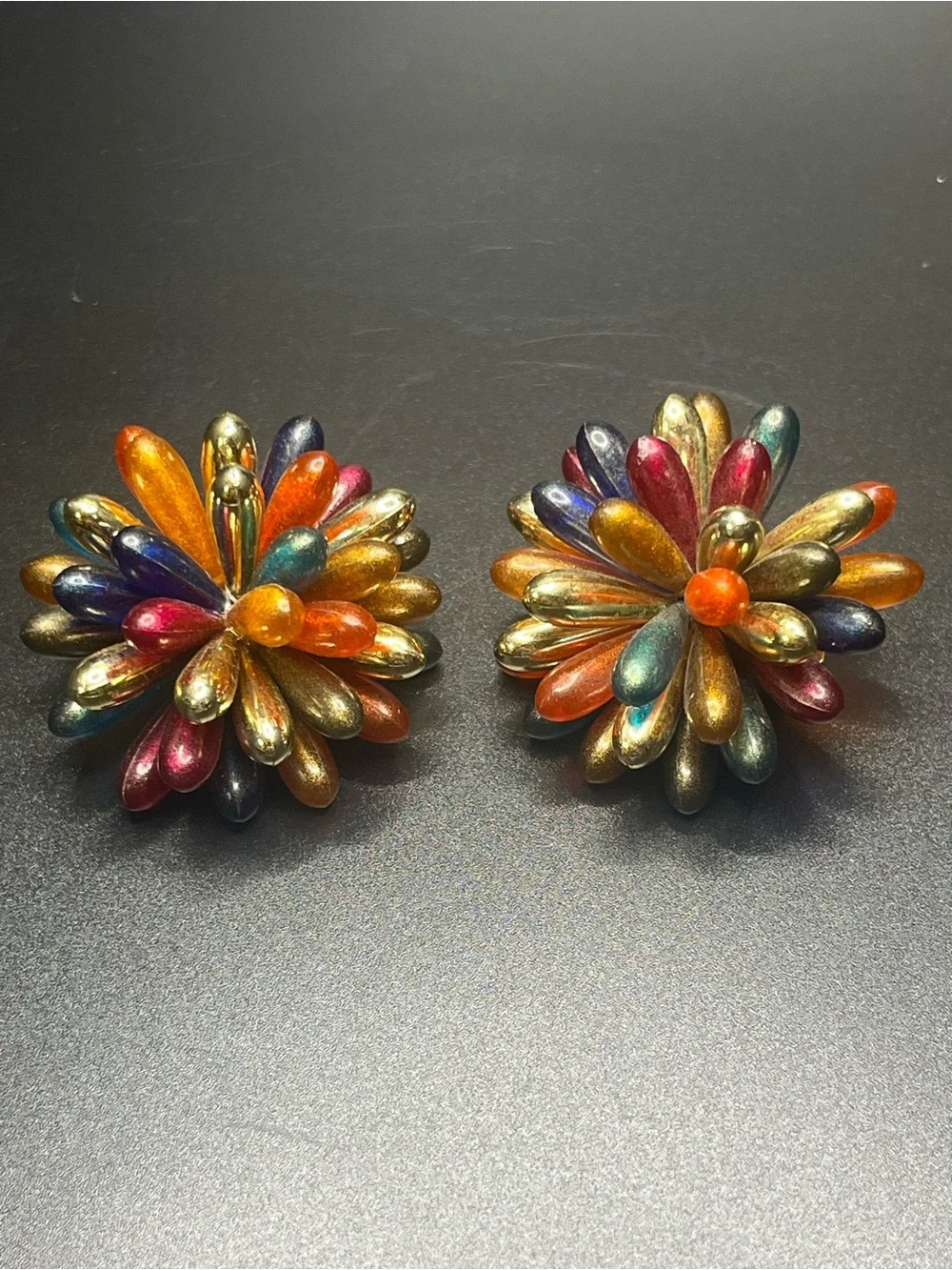 Vintage Multicolor Lucite Starburst Clip On Earrings Atomic Flower.  Amazing!!